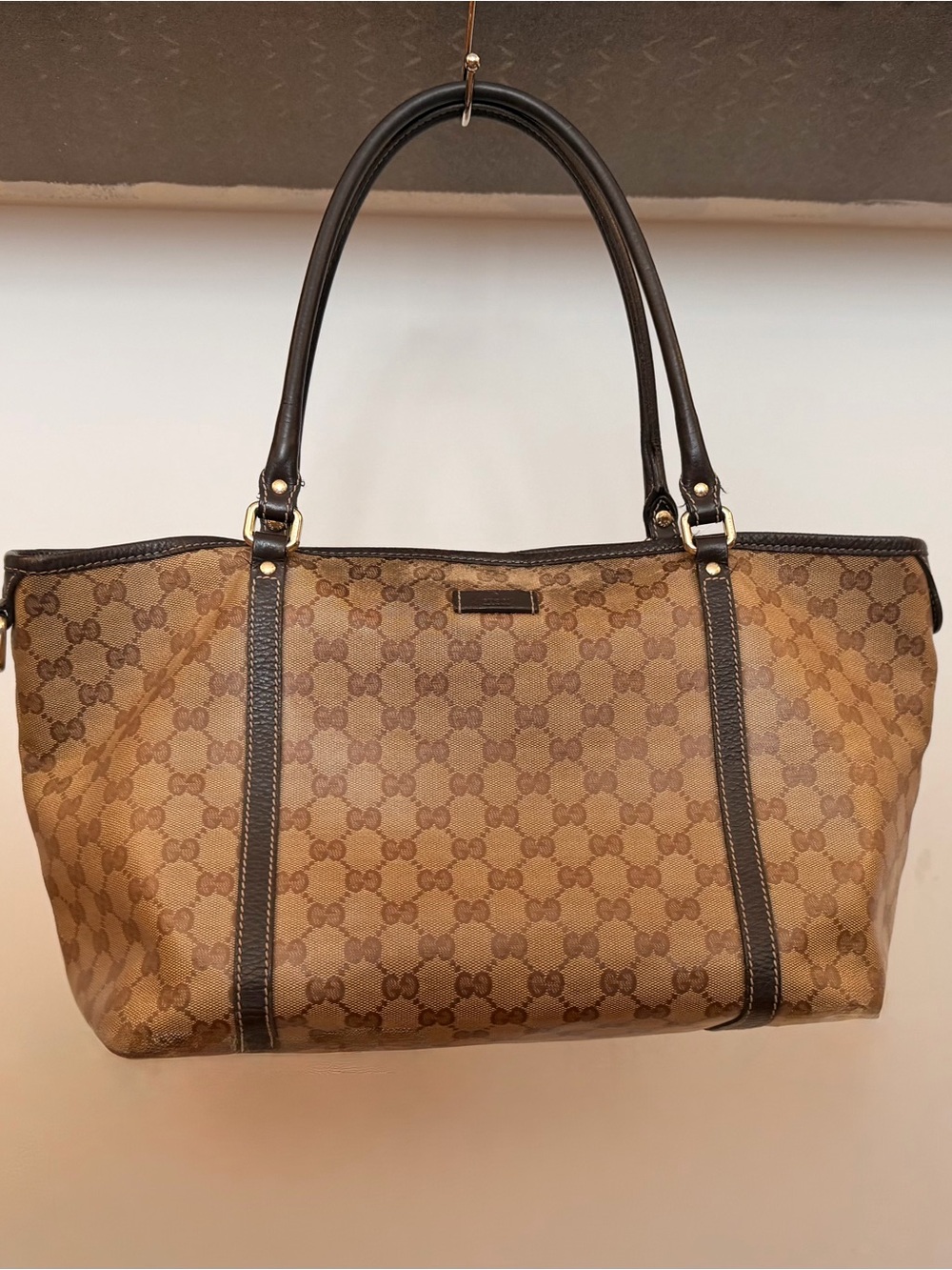 Gucci Beige Brown GG Canvas Tote with Dark Brown Leather Trim
